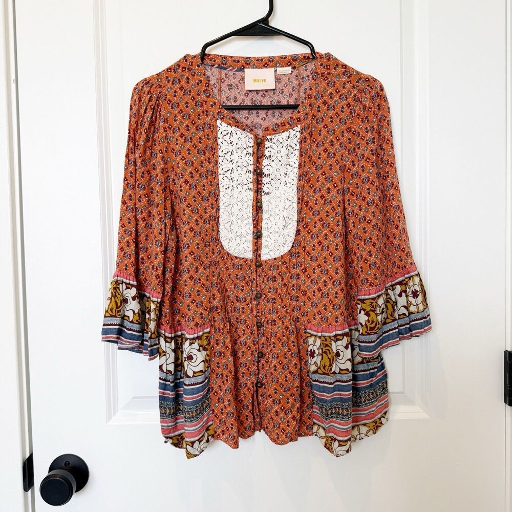 Anthropologie Floral Top Sz 6 Button Front Bell Sleeve Boho Indie Festival